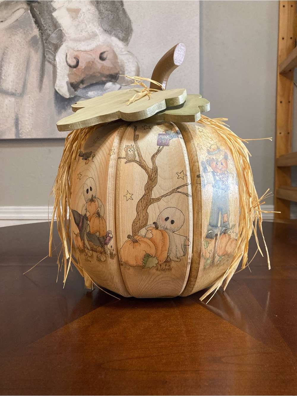 Vintage Hand Painted Wooden Fall Pumpkin Centerpiece With Ghost & Scarecrow Art - Picture 4 of 15